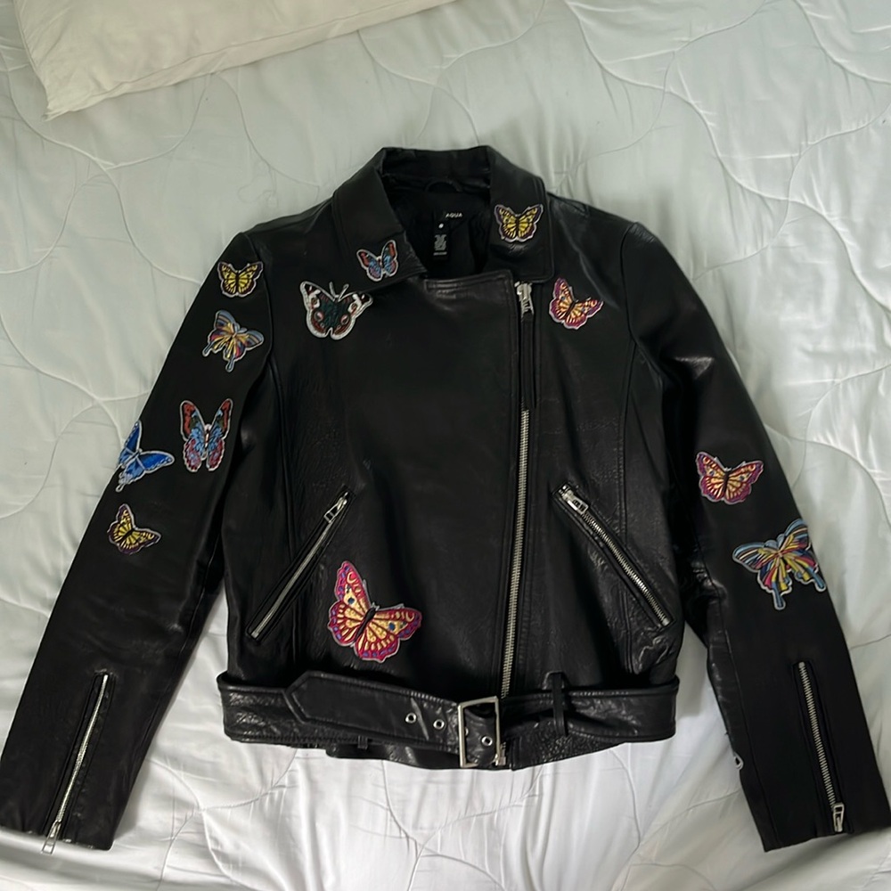Aqua Bloomingdale’s Butterfly Applique Leather Moto Jacket size large